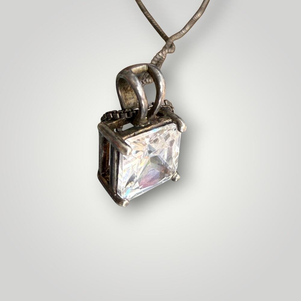 Sterling Silver 925 Princess Cut CZ Pendant Necklace 18” Chain - Picture 3 of 8